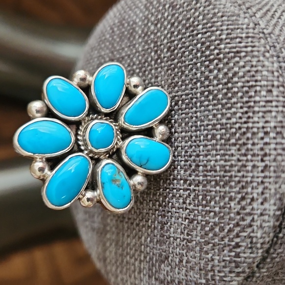 NWOT Native American Navajo Turquoise & Sterling Flower Cluster Ring 🩵💍🎁 - Picture 7 of 11